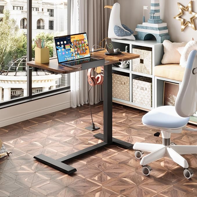 Standing Desk, Medical Overbed Table with Rolling Tray and Power Outlet, Dual Pneumatic Angel and Height Adjustable Desk, Portable Side Table with Drawer, for Home & Hospital, Rustic Brown