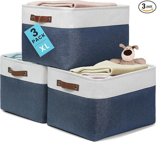 OrganiHaus 16x12.5in Canvas Storage Baskets 3 Pack | EXTRA LARGE Fabric Bins for Shelves | Linen Closet Organizer | Navy Blue/Off-White