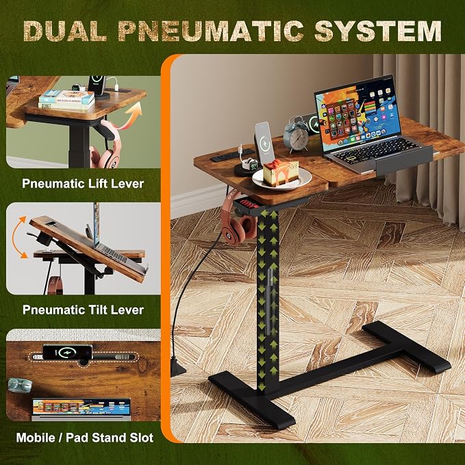 Standing Desk, Medical Overbed Table with Rolling Tray and Power Outlet, Dual Pneumatic Angel and Height Adjustable Desk, Portable Side Table with Drawer, for Home & Hospital, Rustic Brown