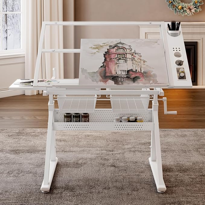 Hand Crank Adjustable Drafting Table with Tempered Glass Top, Height Adjustable Art Drawing Desk with Metal Drawers, Slide-Up Pencil Ledge & Stool, Drafting Desk for Home Studio Office
