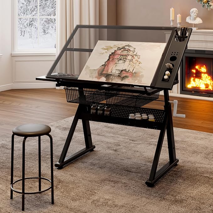 Hand Crank Adjustable Drafting Table with Tempered Glass Top, Height Adjustable Art Drawing Desk with Metal Drawers, Slide-Up Pencil Ledge & Stool, Drafting Desk for Home Studio Office
