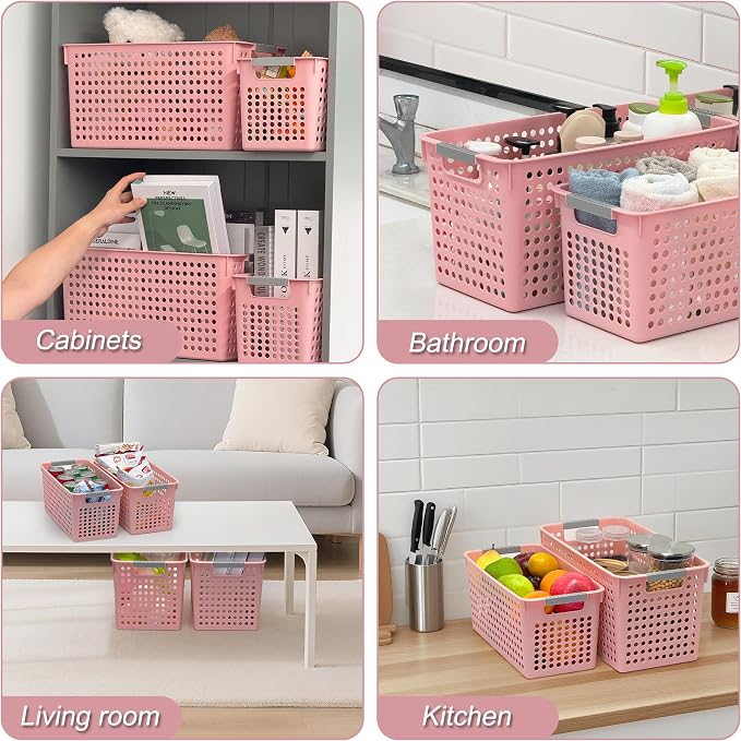 Soddeph Slim Plastic Storage Basket with Handles, Narrow Organizer box for Shelves, Organizer box for Organizing, Kitchen,Home,Office (Pink, Large)