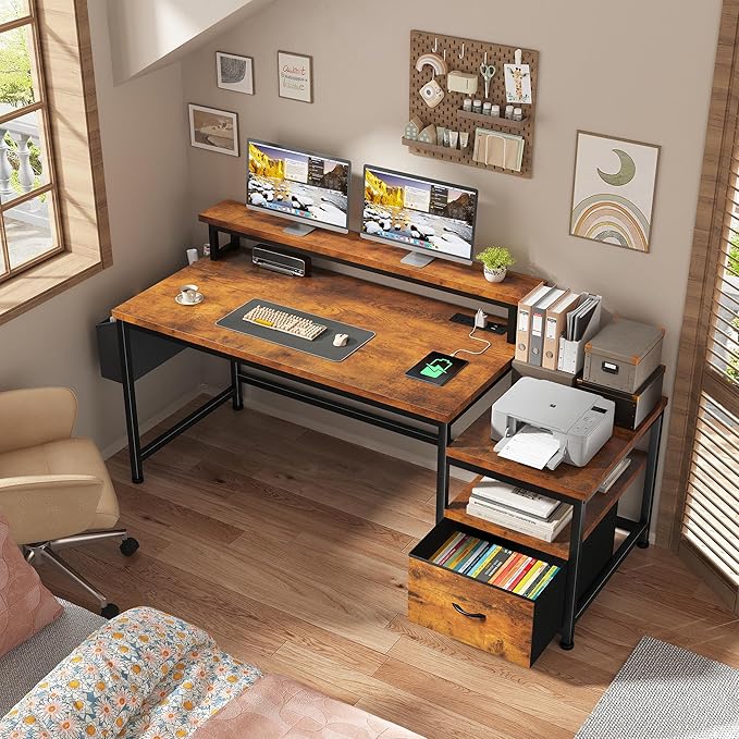 EnHomee 56.5" Office Desk with Drawers and Printer Space,Computer Desk with Power Outlets,Home Office Desks with File Drawers Cabinet,Study and Gaming Desk with Shelves Monitor Stand,Rustic Brown