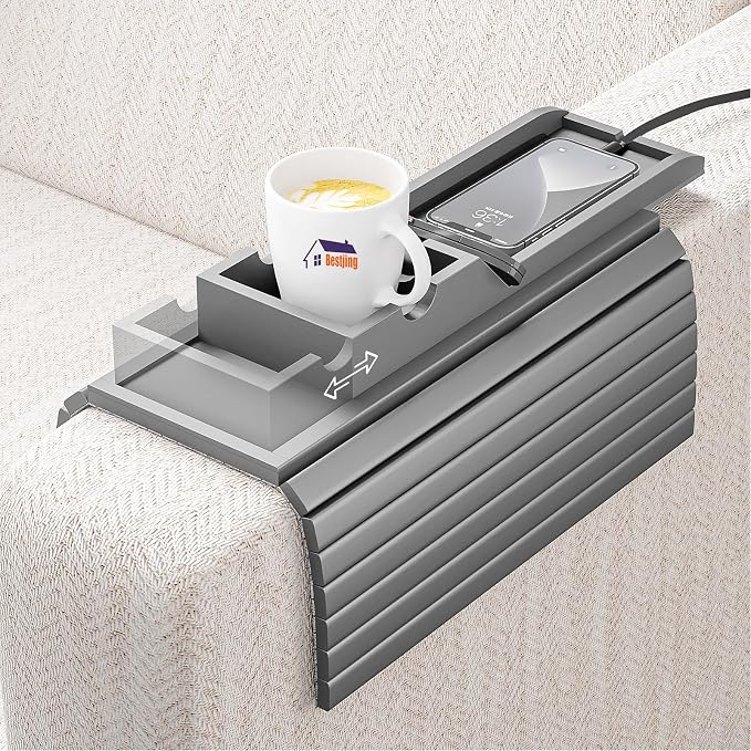 Bestjing Bamboo Couch Armrest Table, Sofa Arm Tray with Detachable Couch Cup Holder- 2 in 1 Anti-Slip Foldable Sofa Armchair Caddy Table for Drinks Cellphone TV Remote Snacks (Gray)
