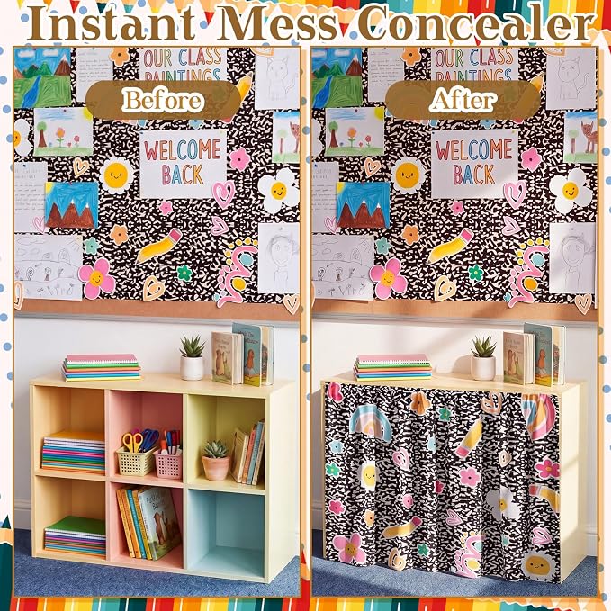 VitalCozy Composition Notebook Table Skirt for Classroom Teacher 35" W x 35" L Desk Curtain Skirts Teacher Appreciation Week Back to School Gifts for Kindergarten Classroom Office Bookcase Decoration
