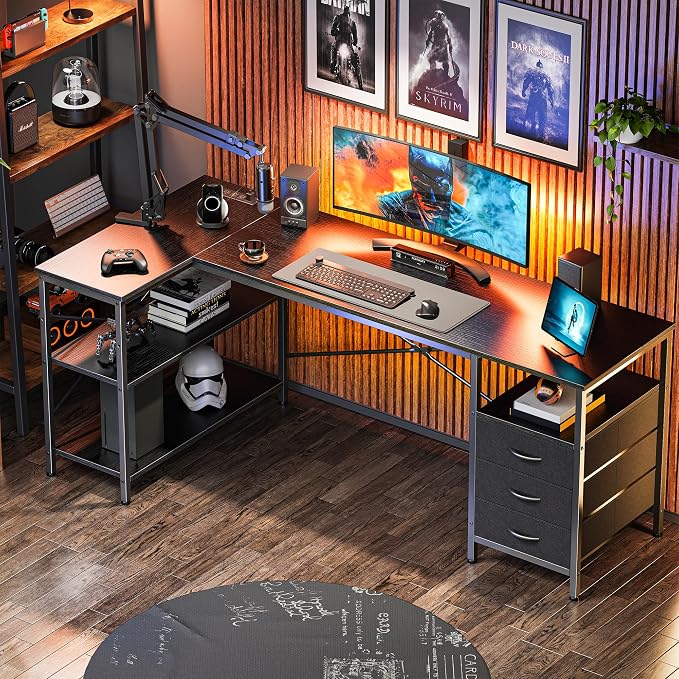Huuger L Shaped Desk with Power Outlets, 63 Inch Reversible Computer Desk with 3 Drawers and Shelves, Home Office Table for Corner Work Study Writing Gaming, Black