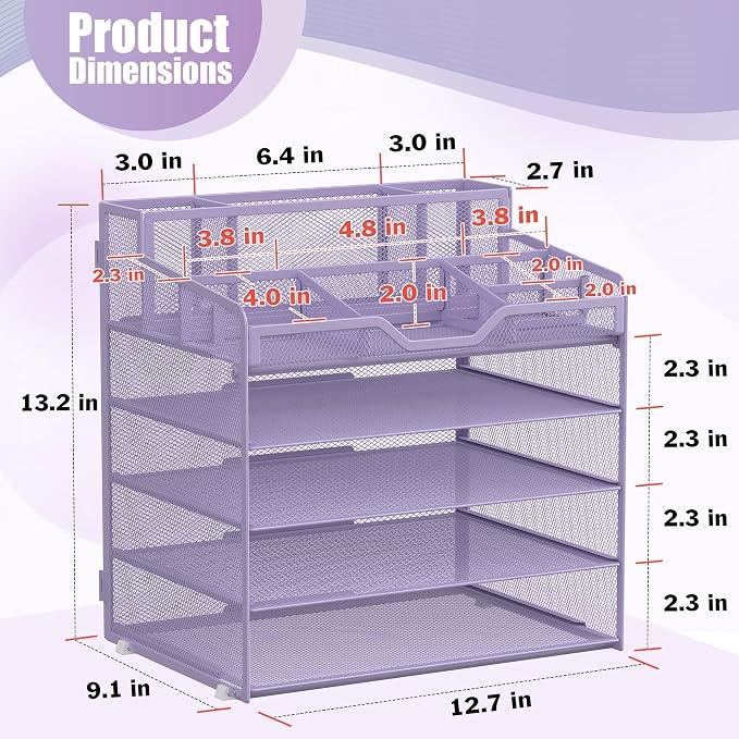 Docnest 5 Tier Mesh Desk Organizer for Paper Office Supplies – Multi-Functional Letter Tray with 5 Adjustable Compartments, 3 Pen Holders, Desktop Storage for Files, Mail, Stationery – Purple