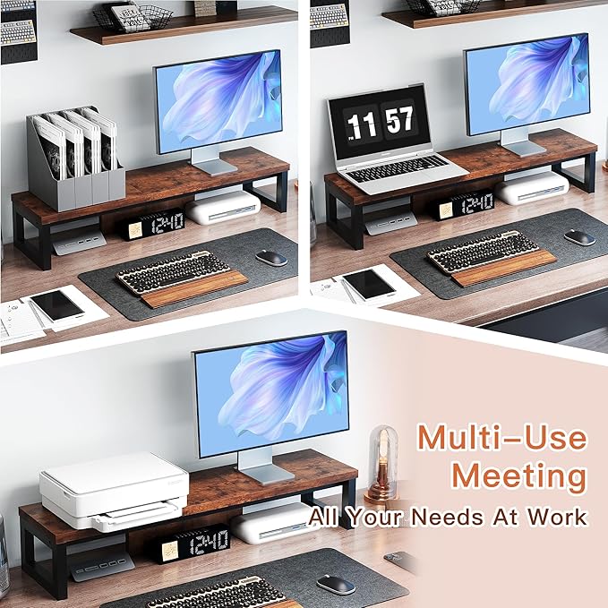 Dual Monitor Stand Riser, Wood and Steel Monitor Riser, Long Computer Monitor Stands for 2 Monitors, Desk Shelf for Computer, Laptop, Printer, TV, Brown