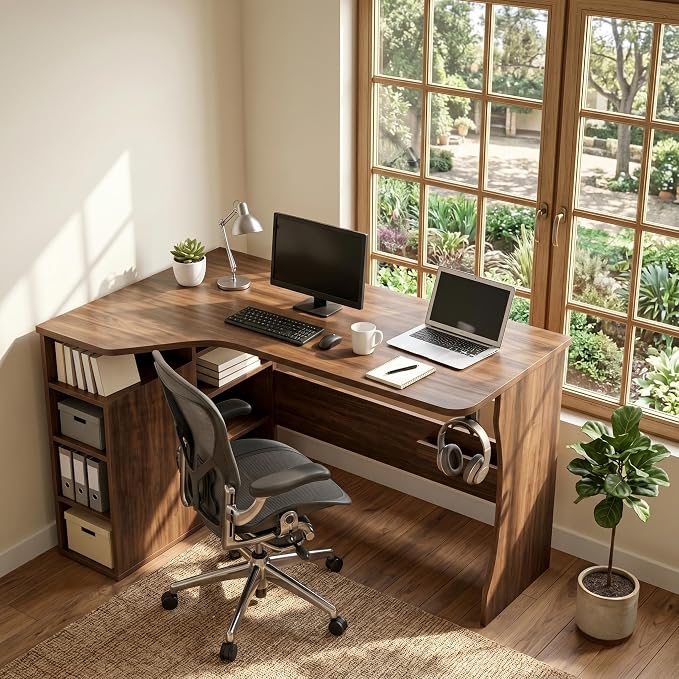 IDEALHOUSE Walnut L Shaped Desk for Small Spaces, Reversible Corner Desk with Storage Cabinet and 6 Adjustable Shelves, Wood Computer Desk for Home Office, Study, Writing, Gaming, Bedroom, Brown