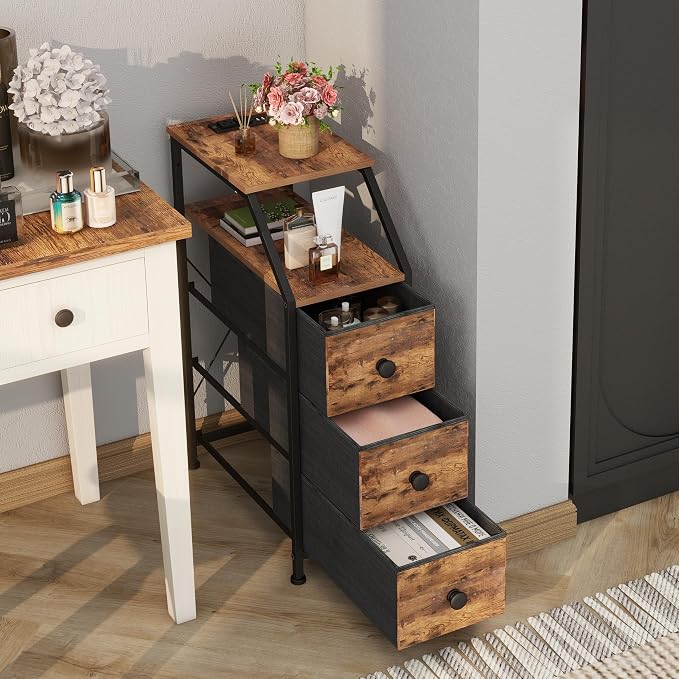 Tohomeor Narrow Dresser Tall Skinny Storage Tower Vertical Slim Chest of Drawers with Charging Station Small Nightstand Side Table for Bedroom, Bathroom, Small Spaces (Rustic Brown, 3 Drawers)