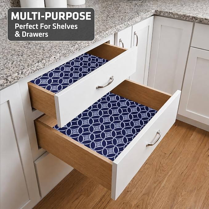 Drymate Premium Luxury Shelf & Drawer Liner, Thick Cushioned Fabric, Non-Adhesive, Absorbent, Waterproof, Slip-Resistant, Liners for Kitchen Cabinets, Cupboards (USA Made)(12”x59”)(24-Pack)(Indigo)