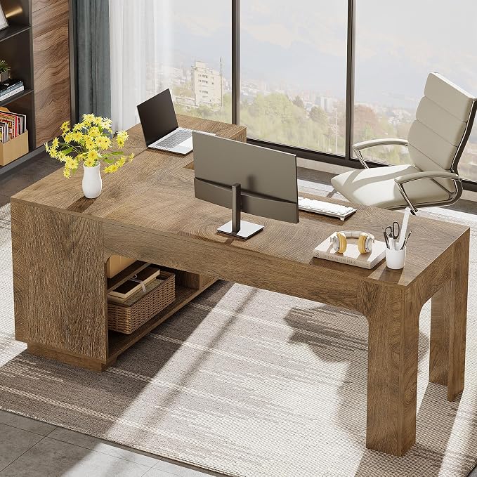 Tribesigns L-Shaped Desk with Storage Cabinet, 59-Inch Farmhouse Corner Computer Desk with Open Storage Shelves, Home Office, Gaming, Reading, Study, Brown