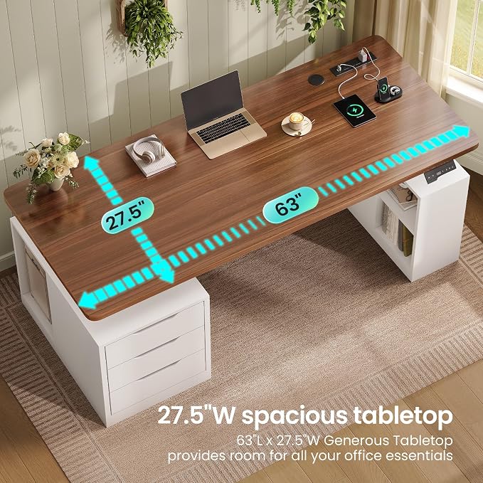 SEDETA Modern Electric Standing Desk, 63" Height Adjustable Computer Desk with 3 Drawers, Storage Shelves, Power Outlets, Wood Home Office Stand up Desk for Work, Study, Writing, White + Brown