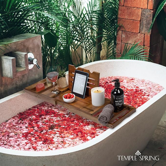 Temple Spring Foldable Bathtub Tray, Unique Design Selfcare Bathroom Caddy, Acacia Spa Bathroom Tray, Wooden Bathtub Accessories, Wedding Gift/Birthday Gift/New Home Bath Table – Not Teak