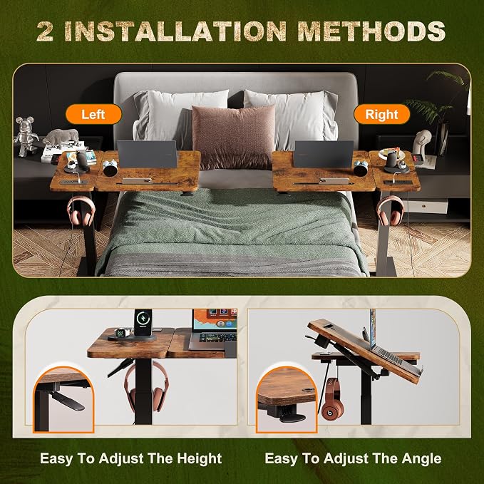 Standing Desk, Medical Overbed Table with Rolling Tray and Power Outlet, Dual Pneumatic Angel and Height Adjustable Desk, Portable Side Table with Drawer, for Home & Hospital, Rustic Brown