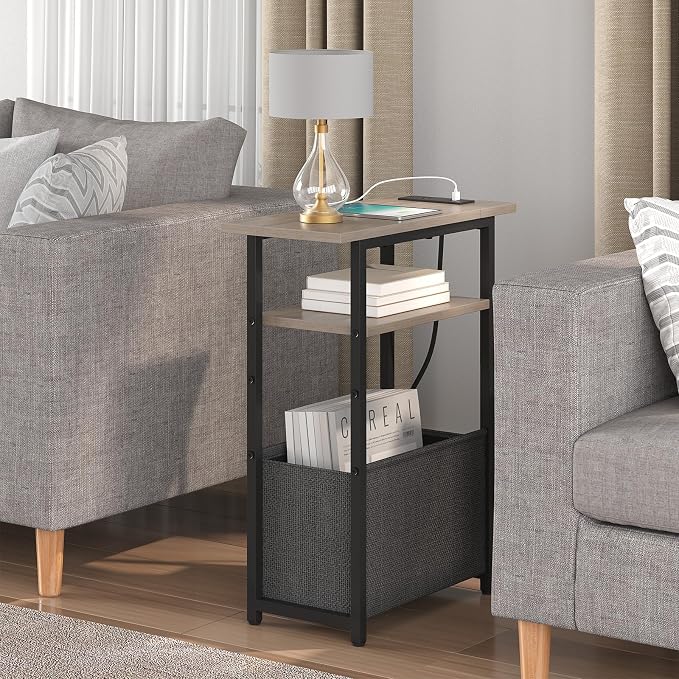 sthmec Narrow Side Table with Charging Station, Small End Table for Small Spaces, Skinny Nightstands with Storage Basket, 3 Tier Sofa Couch Bedside Tables for Living Room,Bedroom, Grey