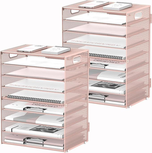 DALTACK 9-Tier Paper Organizer for Desk, Mesh Letter Tray Desk Organizer with Handles, Space-Saving File Organizer for Office Home School, Pink 2 Pack