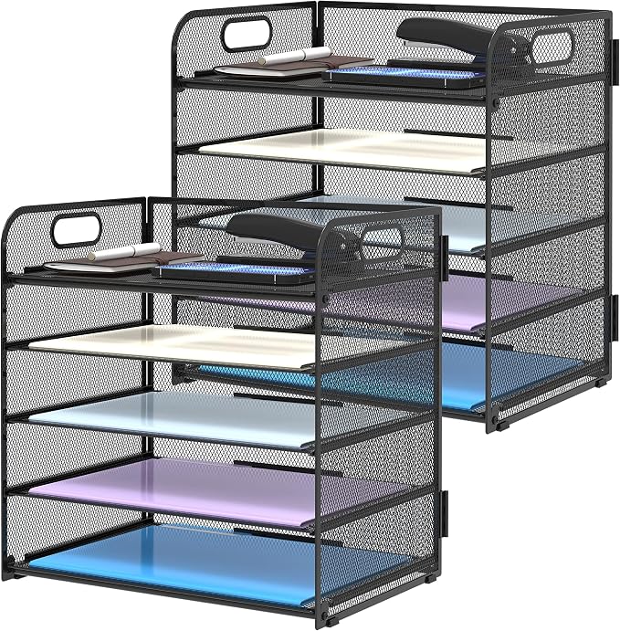 Supeasy 2 Pack 5-Tier Desk Organizer with Handle Mesh Desk File/Paper Organizer Letter Tray for Office, School, Classroom and Home Easy Installation, Black
